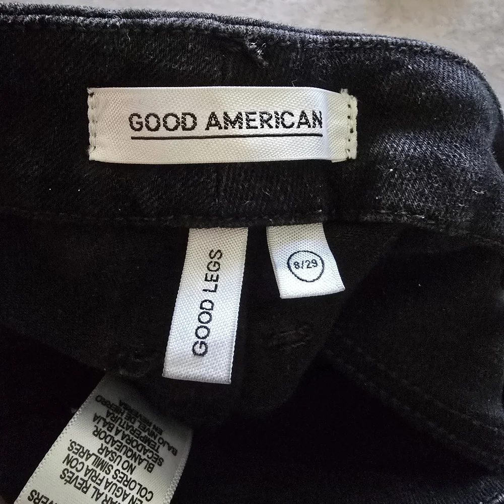 Good American Black Denim Jeans Midrise Racing Stripe Metallic Grey Skinny Jean - Picture 2 of 7
